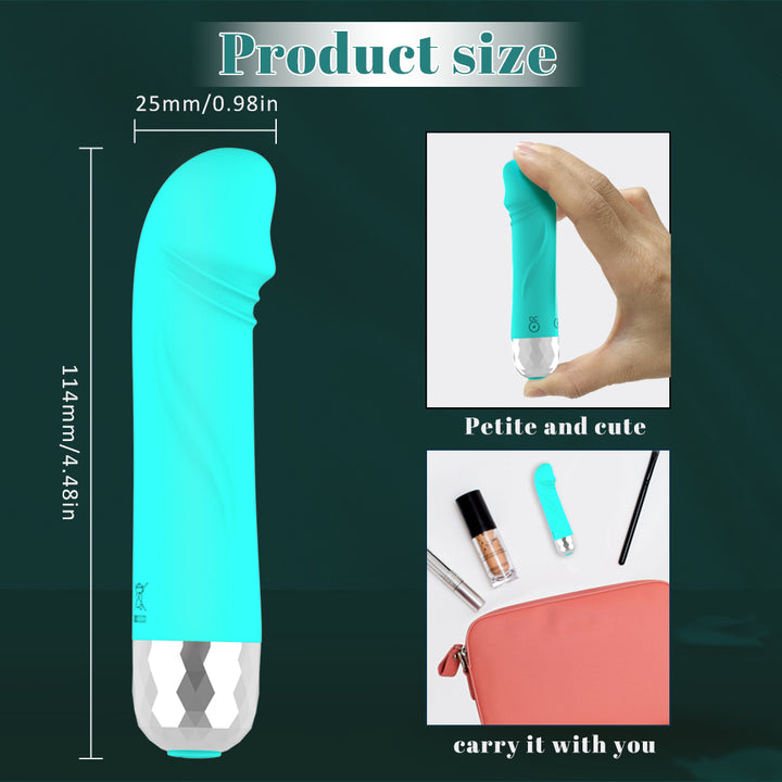 Türkises Vibrator-Produkt mit Größenangaben
