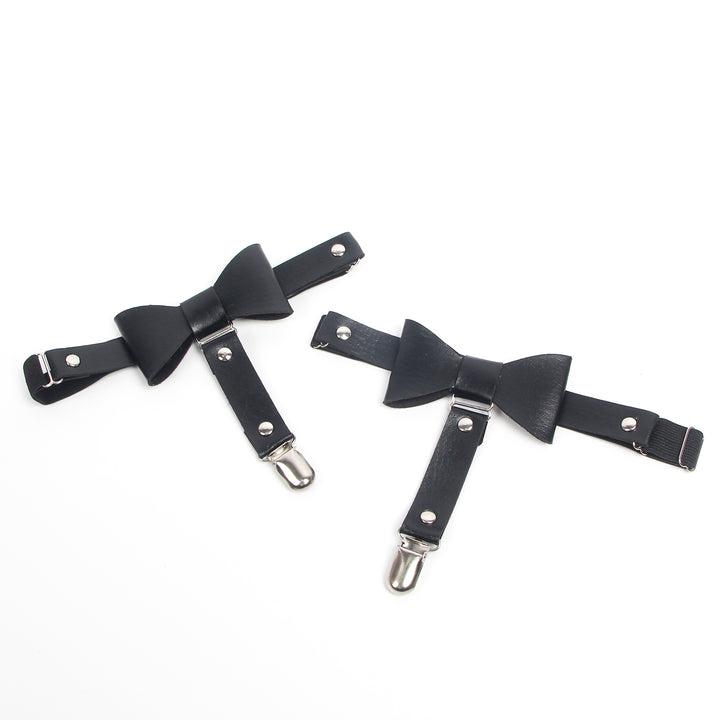 Schwarze PU Leder Beinschleifen mit Nieten & Schleife, verstellbar, Punk Garter Clips