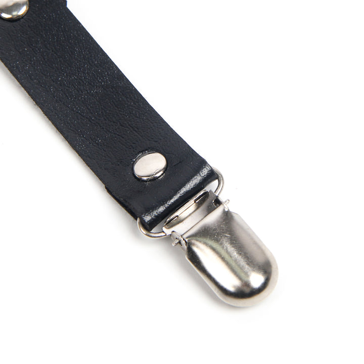 Schwarze PU Leder Beinschleifen mit Nieten & Schleife, verstellbar, Punk Garter Clips
