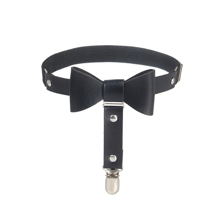 Schwarze PU Leder Beinschleifen mit Nieten & Schleife, verstellbar, Punk Garter Clips