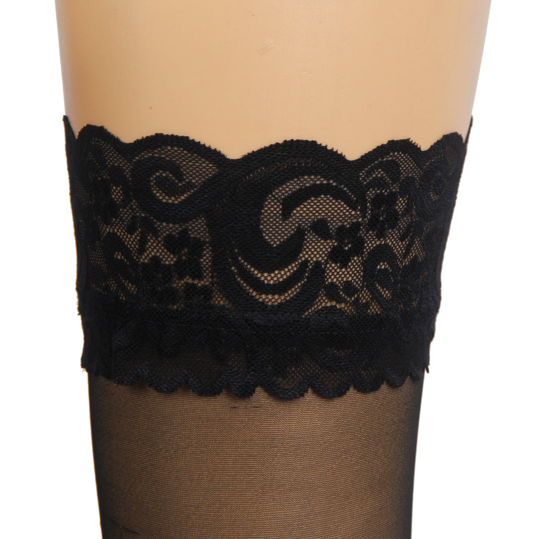Sexy Schwarze Spitzenstrümpfe mit Silikonband, 88% Nylon, 12% Spandex, verführerisch