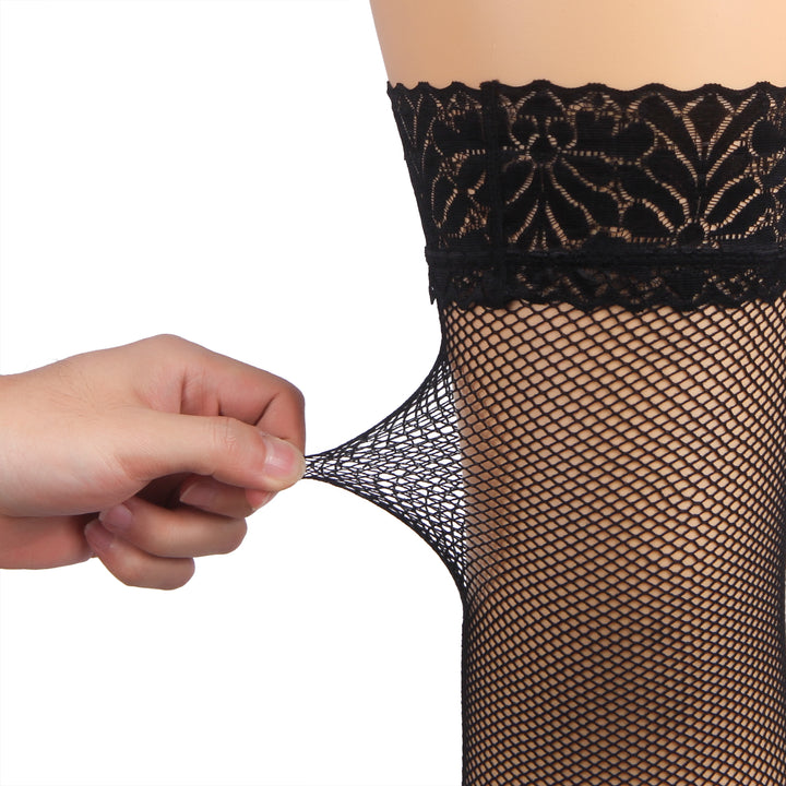 Schwarze Fishnet Oberschenkelstrümpfe mit Spitzenband, Silikon, 88% Nylon, 12% Spandex