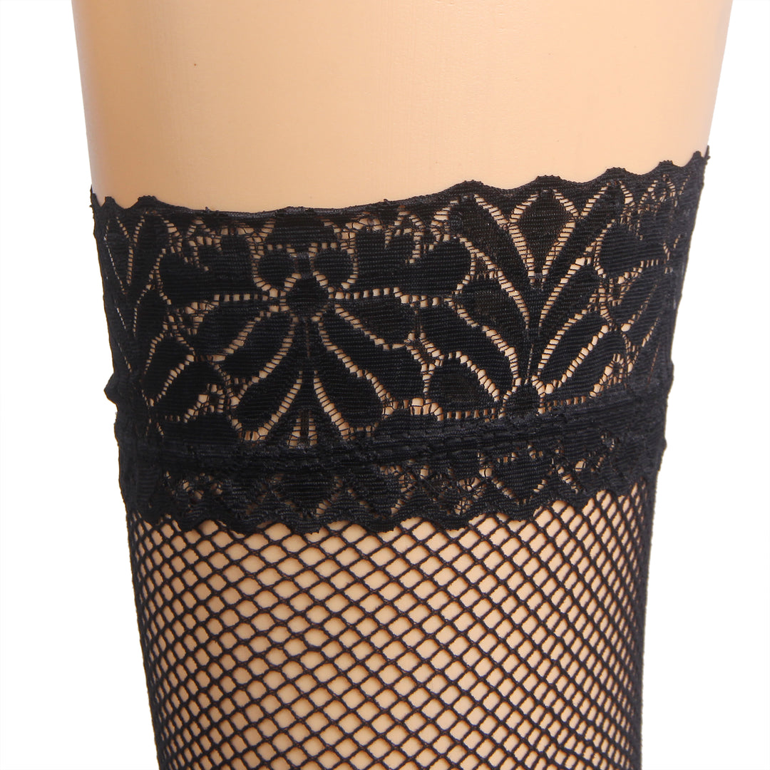 Schwarze Fishnet Oberschenkelstrümpfe mit Spitzenband, Silikon, 88% Nylon, 12% Spandex