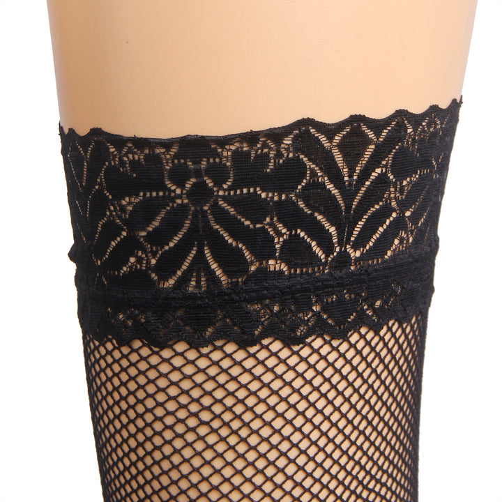 Schwarze Fishnet Oberschenkelstrümpfe mit Spitzenband, Silikon, 88% Nylon, 12% Spandex