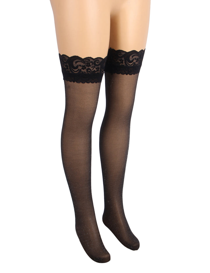 Sexy Schwarze Spitzenstrümpfe mit Perlmutt-Glanz & Silikonband, 88% Nylon, 12% Spandex