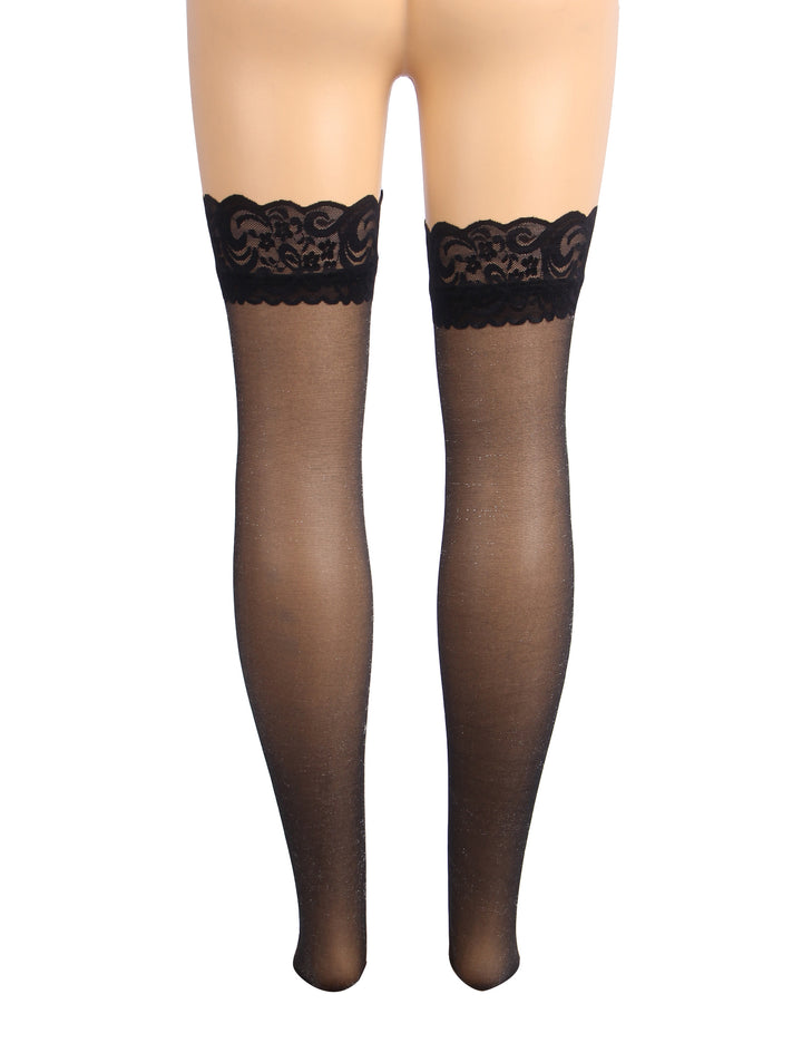 Sexy Schwarze Spitzenstrümpfe mit Perlmutt-Glanz & Silikonband, 88% Nylon, 12% Spandex