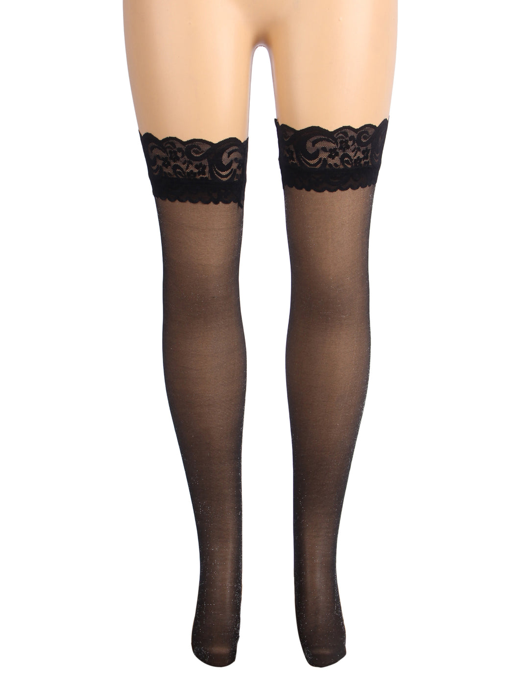 Sexy Schwarze Spitzenstrümpfe mit Perlmutt-Glanz & Silikonband, 88% Nylon, 12% Spandex