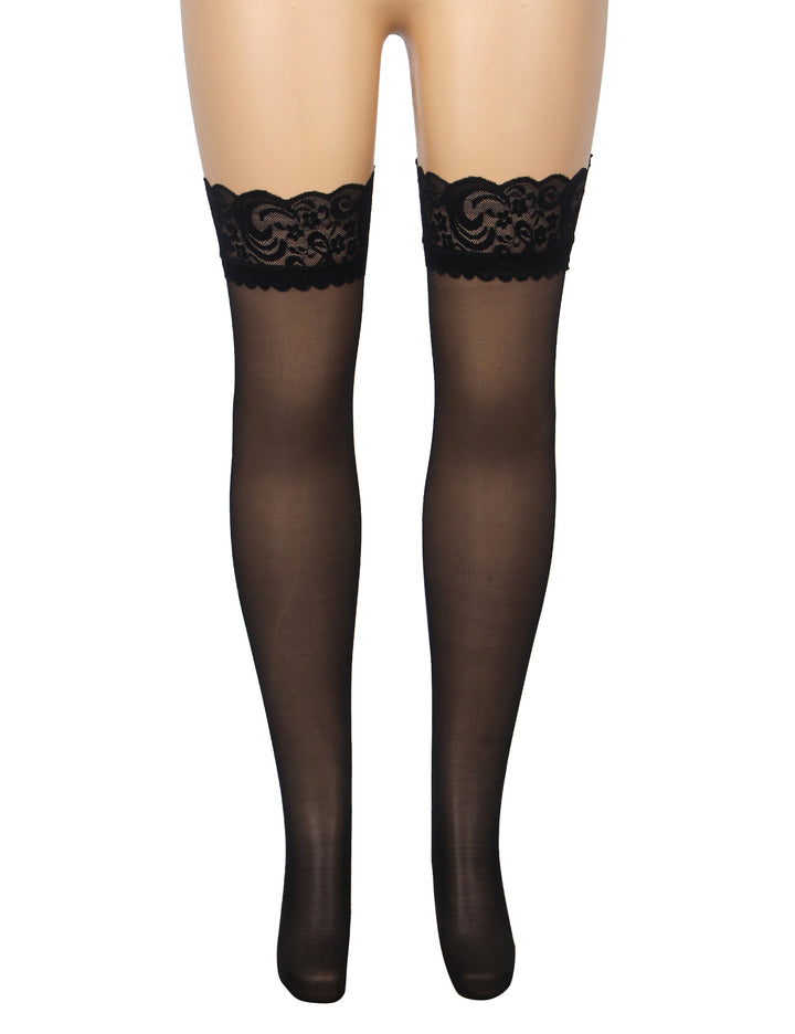 Sexy Schwarze Spitzenstrümpfe mit vertikaler Linie & Silikonband, 88% Nylon, 12% Spandex