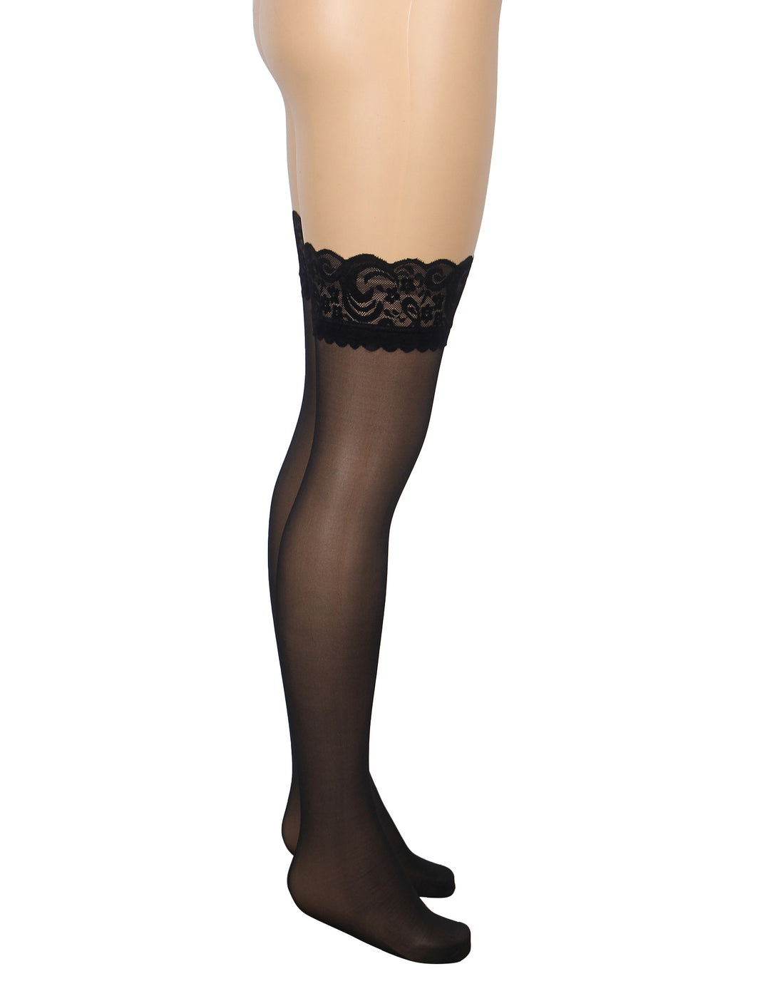 Sexy Schwarze Spitzenstrümpfe mit vertikaler Linie & Silikonband, 88% Nylon, 12% Spandex