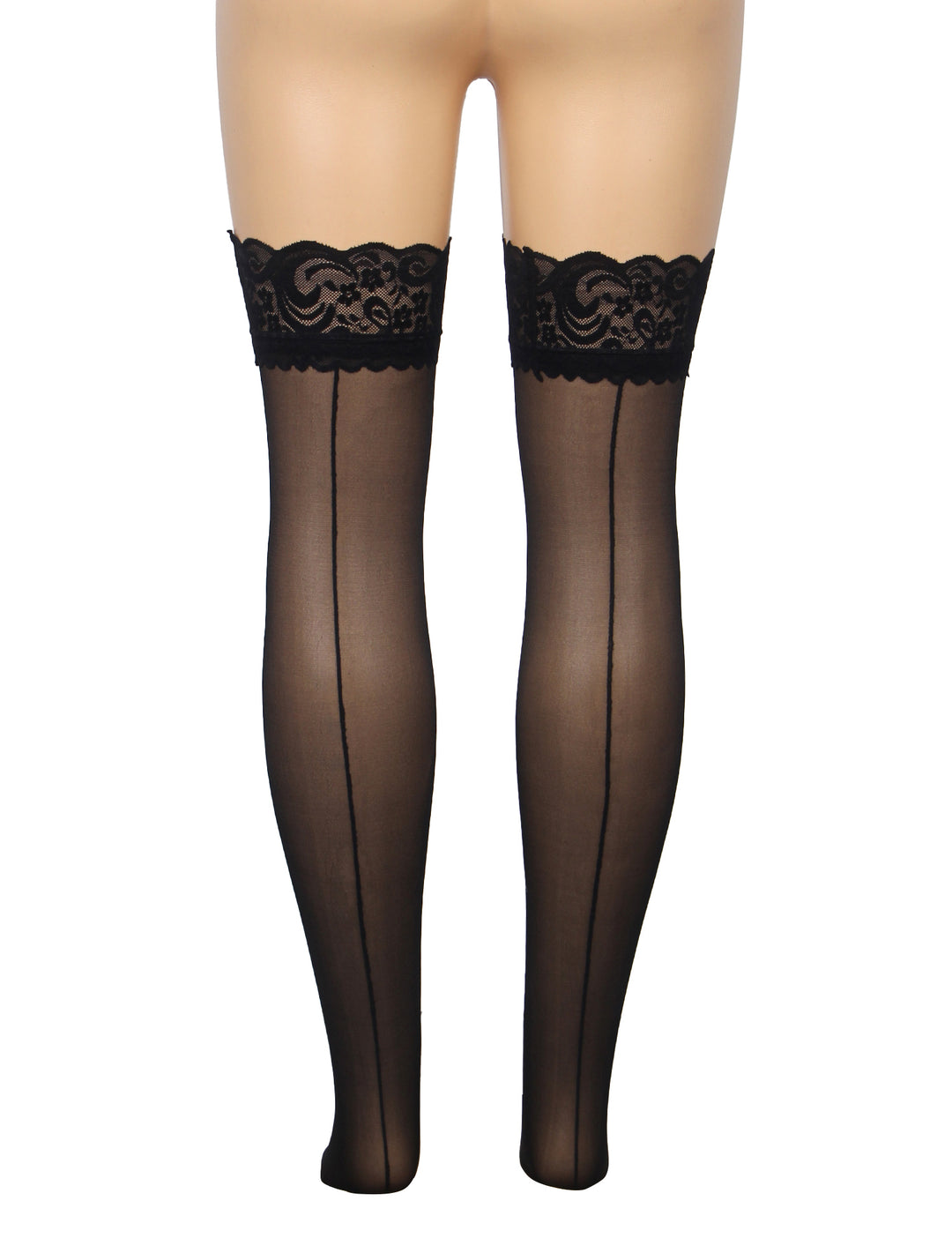 Sexy Schwarze Spitzenstrümpfe mit vertikaler Linie & Silikonband, 88% Nylon, 12% Spandex