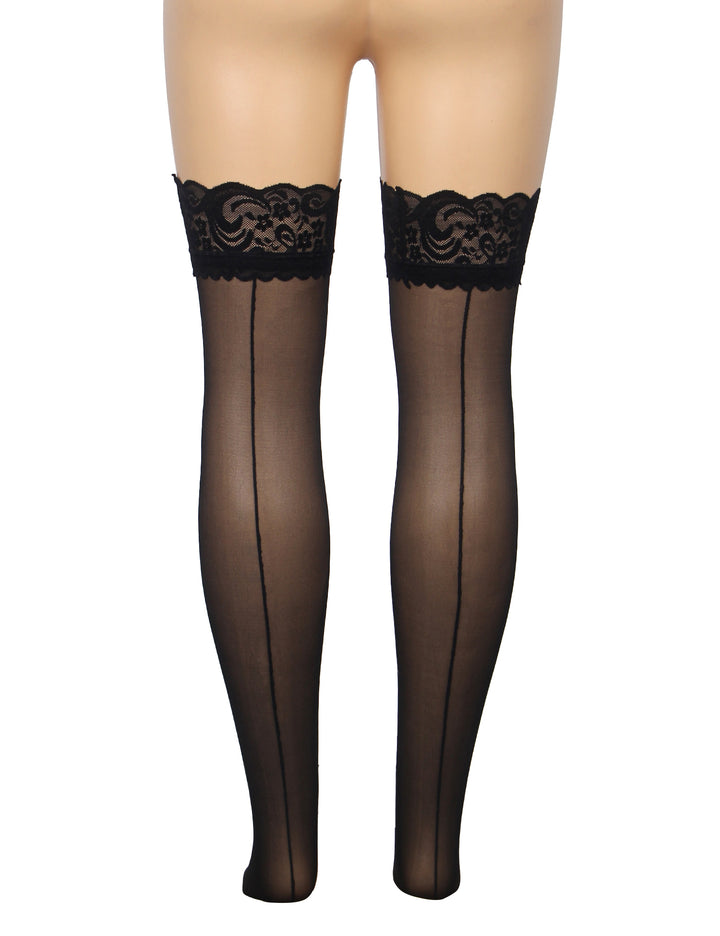 Sexy Schwarze Spitzenstrümpfe mit vertikaler Linie & Silikonband, 88% Nylon, 12% Spandex
