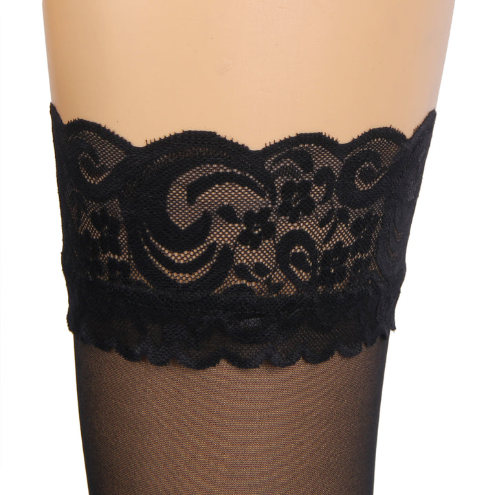 Sexy Schwarze Spitzenstrümpfe mit vertikaler Linie & Silikonband, 88% Nylon, 12% Spandex