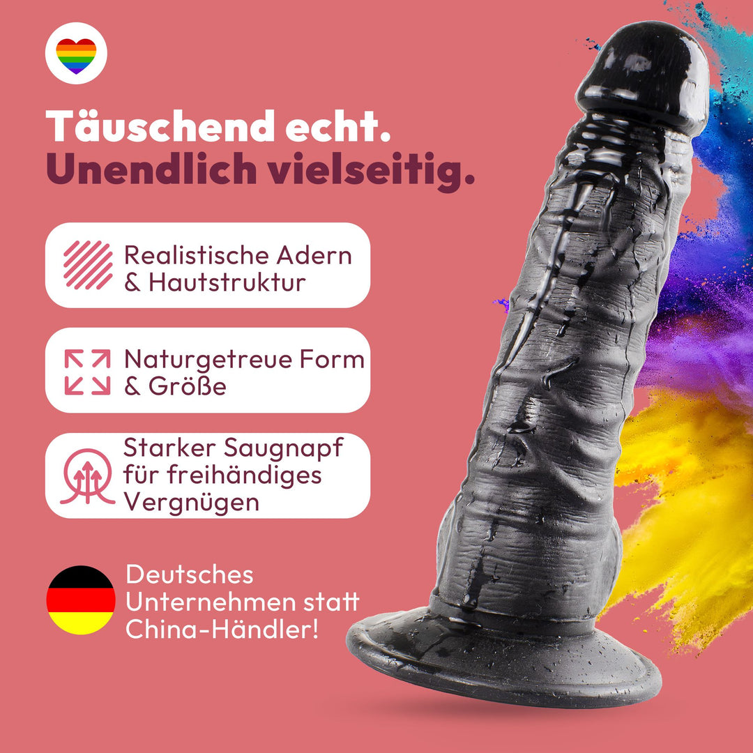 Dildo 20cm mit Hoden & Saugnapf – Schlank, Schwarz