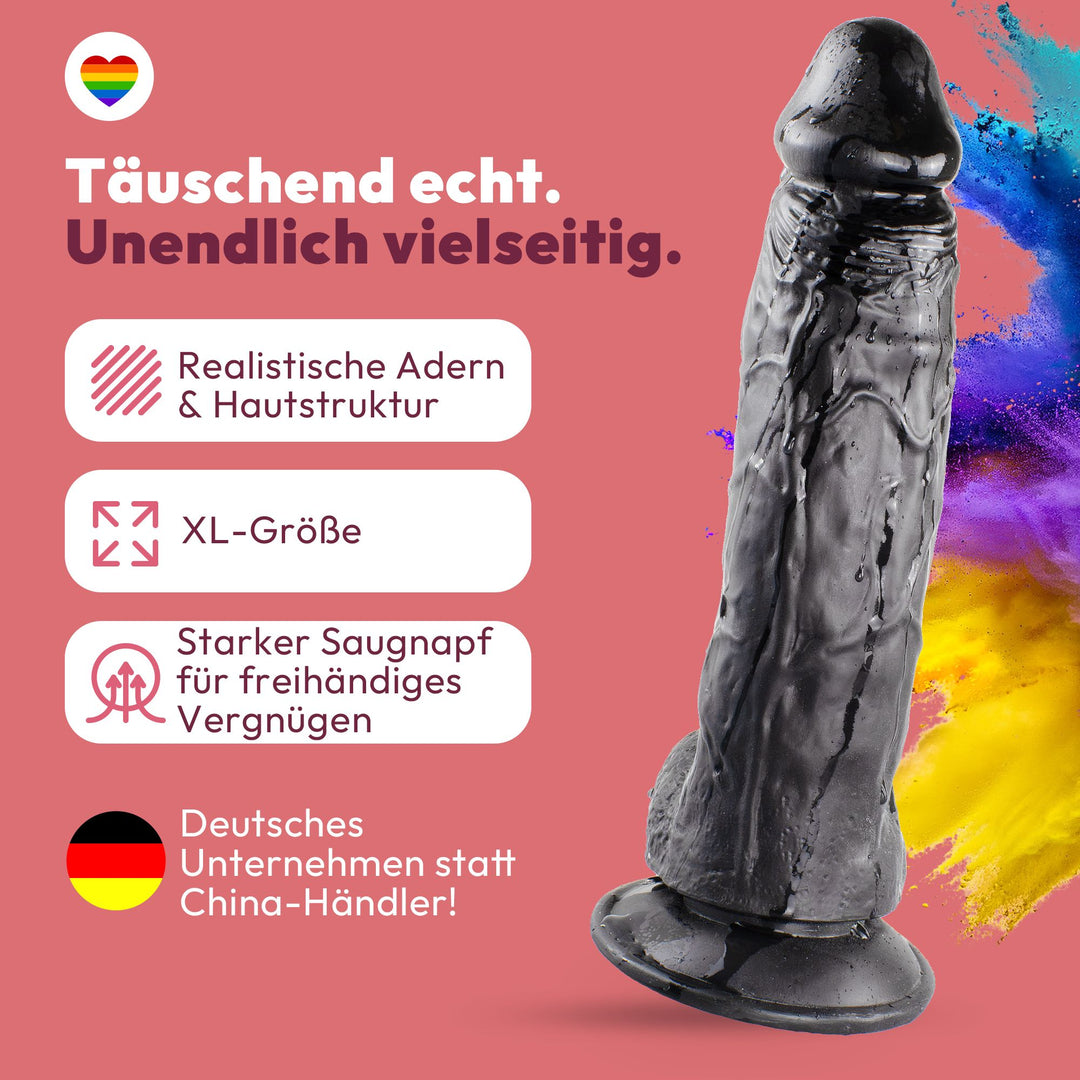 Dildo XXL 24 cm mit Hoden & Saugnapf – Penis mit Adern & Eichel, Schwarz