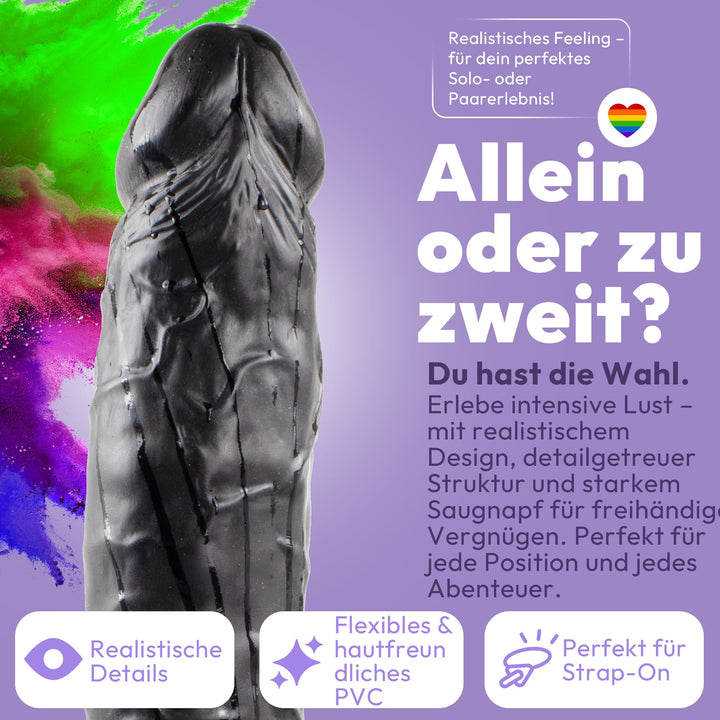 Dildo XXL 24 cm mit Hoden & Saugnapf – Penis mit Adern & Eichel, Schwarz