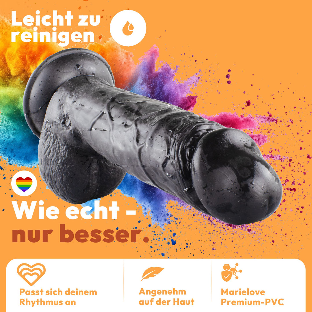 Dildo XXL 24 cm mit Hoden & Saugnapf – Penis mit Adern & Eichel, Schwarz