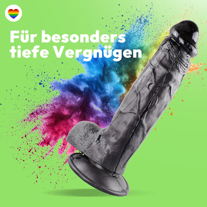 Dildo XXL 24 cm mit Hoden & Saugnapf – Penis mit Adern & Eichel, Schwarz