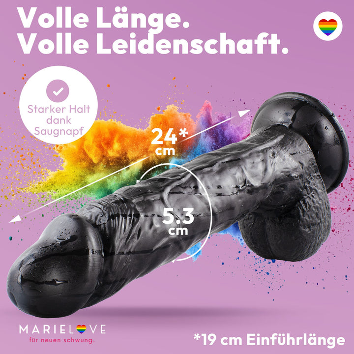 Dildo XXL 24 cm mit Hoden & Saugnapf – Penis mit Adern & Eichel, Schwarz