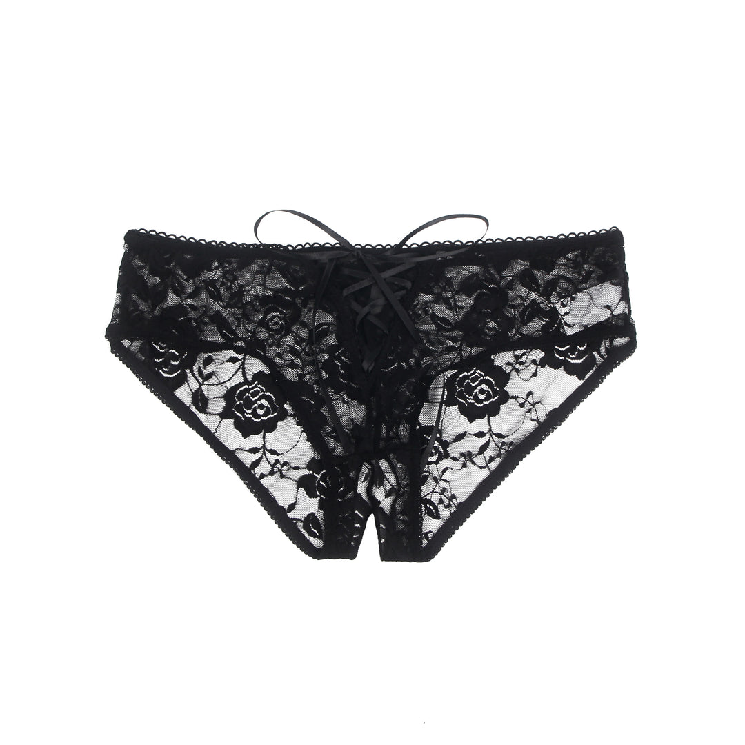 Sexy Schwarze Open-Crotch Spitzen-Strings mit Riemchen, 88% Nylon, 12% Spandex