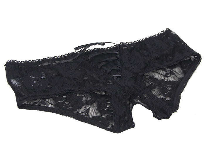 Sexy Schwarze Open-Crotch Spitzen-Strings mit Riemchen, 88% Nylon, 12% Spandex