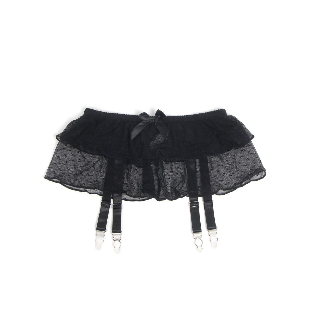 Sexy Schwarzer Garter Belt aus Mesh mit Punkten & Metall-Schnallen, 88% Nylon, 12% Spandex
