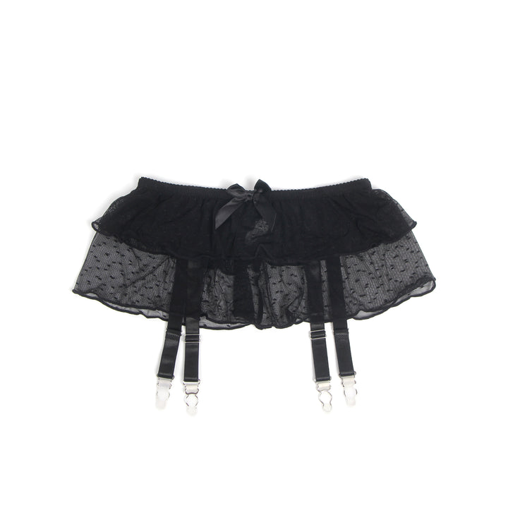 Sexy Schwarzer Garter Belt aus Mesh mit Punkten & Metall-Schnallen, 88% Nylon, 12% Spandex