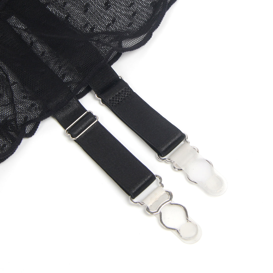 Sexy Schwarzer Garter Belt aus Mesh mit Punkten & Metall-Schnallen, 88% Nylon, 12% Spandex