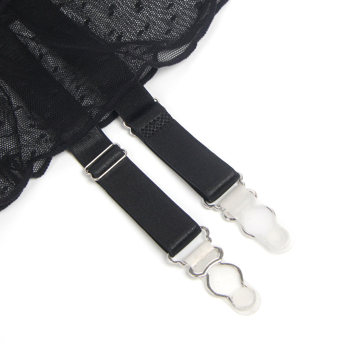 Sexy Schwarzer Garter Belt aus Mesh mit Punkten & Metall-Schnallen, 88% Nylon, 12% Spandex