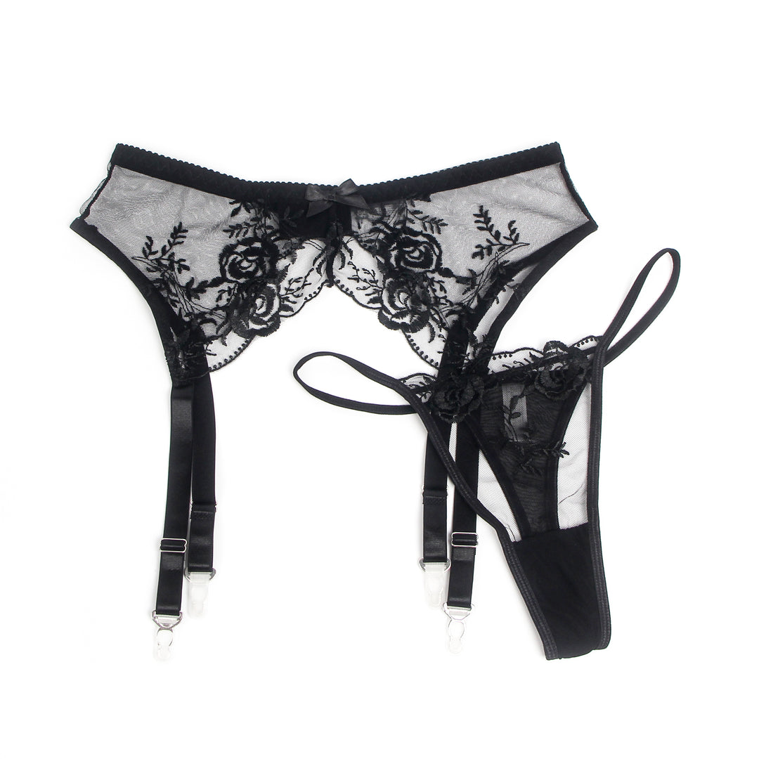 Sexy Schwarze Garter Panty aus Spitzen-Stickerei, 95% Polyester, 5% Spandex, verführerisch