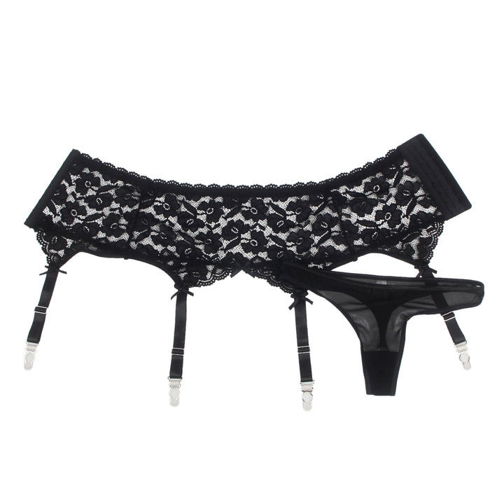Sexy Schwarze Spitzen-Garter-Panty mit Metall-Clips, 88% Nylon, 12% Spandex, verstellbar