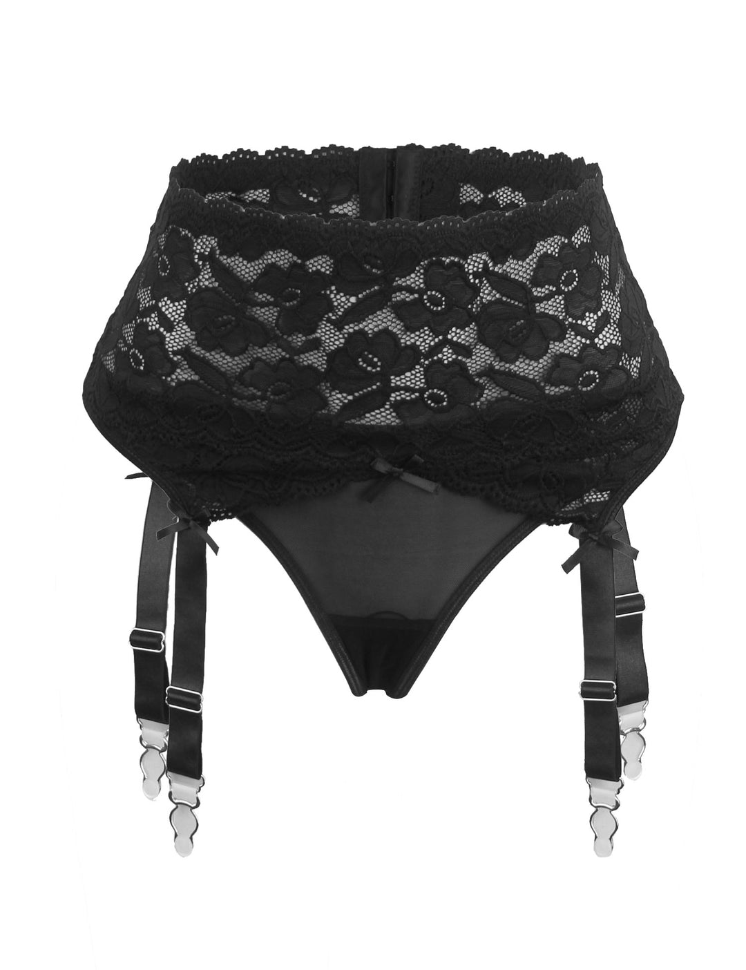 Sexy Schwarze Spitzen-Garter-Panty mit Metall-Clips, 88% Nylon, 12% Spandex, verstellbar