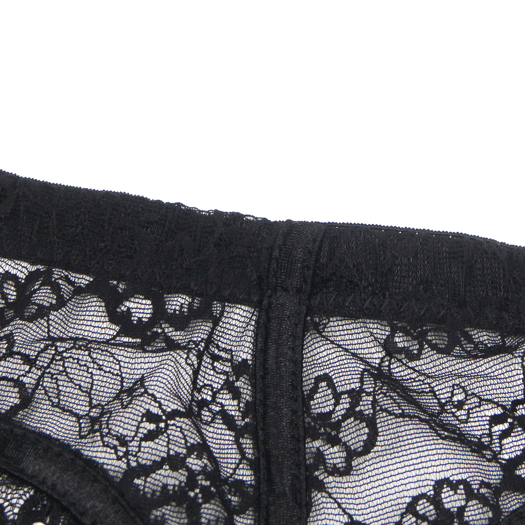 Sexy Schwarze Spitzen-Garter-Panty mit Schleife & Metall-Clips, 88% Nylon, 12% Spandex