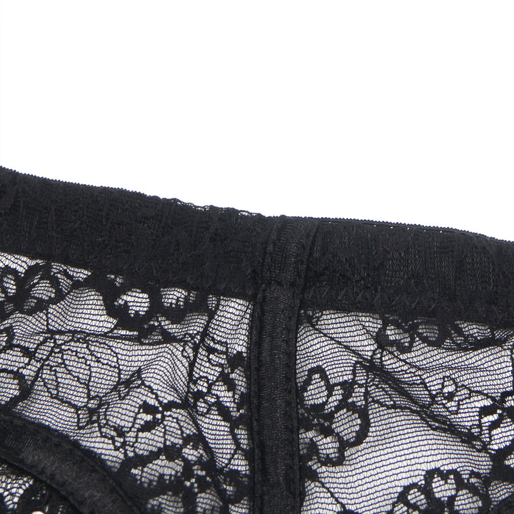 Sexy Schwarze Spitzen-Garter-Panty mit Schleife & Metall-Clips, 88% Nylon, 12% Spandex