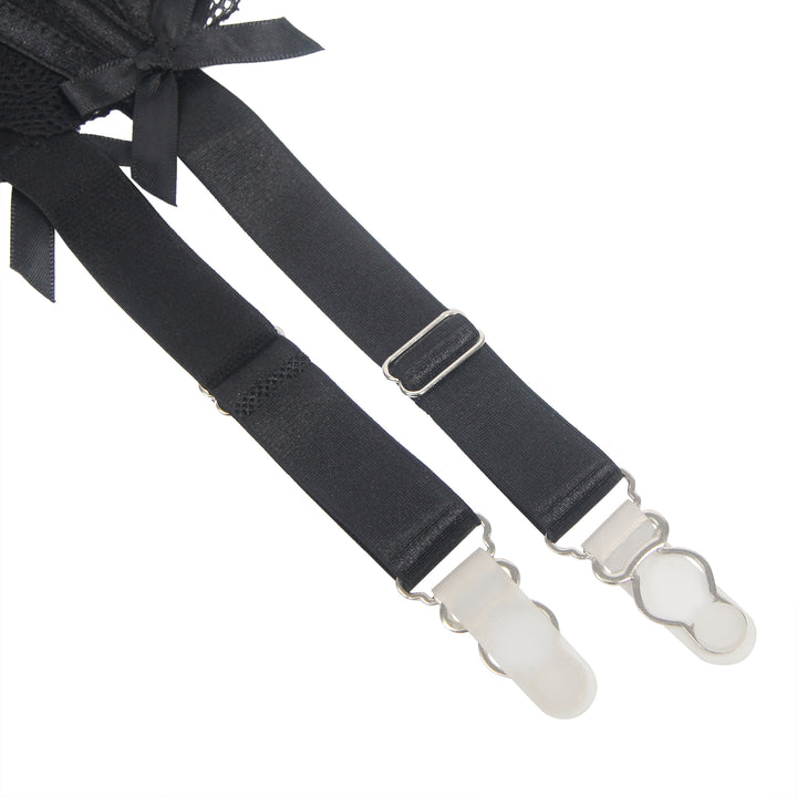 Sexy Schwarze Spitzen-Garter-Panty mit Schleife & Metall-Clips, 88% Nylon, 12% Spandex