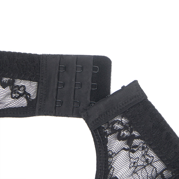 Sexy Schwarze Spitzen-Garter-Panty mit Schleife & Metall-Clips, 88% Nylon, 12% Spandex