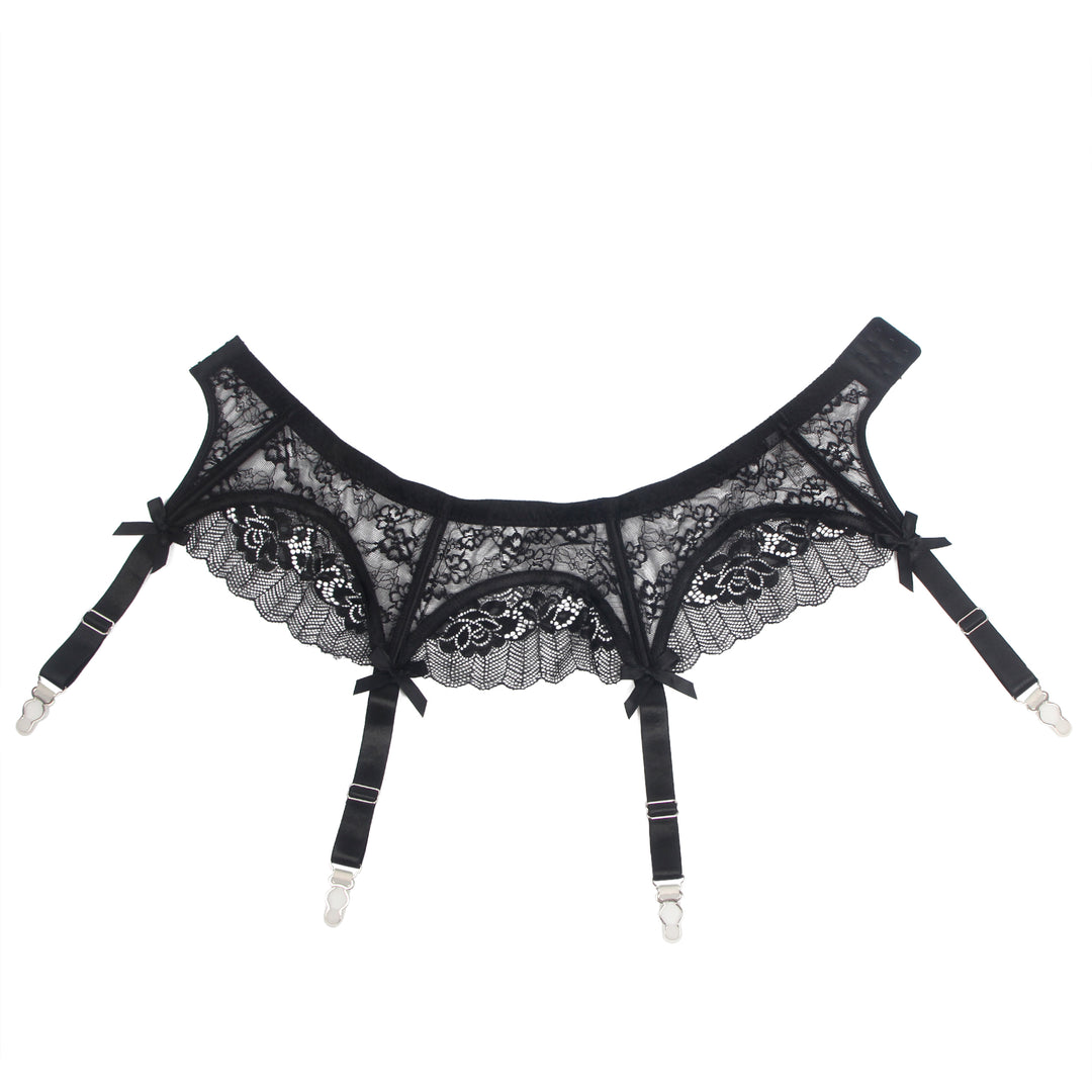 Sexy Schwarze Spitzen-Garter-Panty mit Schleife & Metall-Clips, 88% Nylon, 12% Spandex