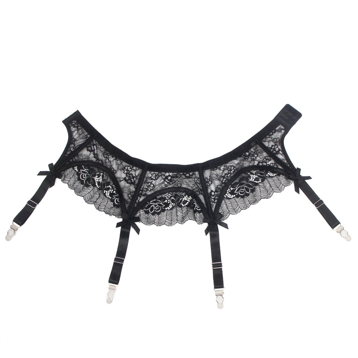 Sexy Schwarze Spitzen-Garter-Panty mit Schleife & Metall-Clips, 88% Nylon, 12% Spandex