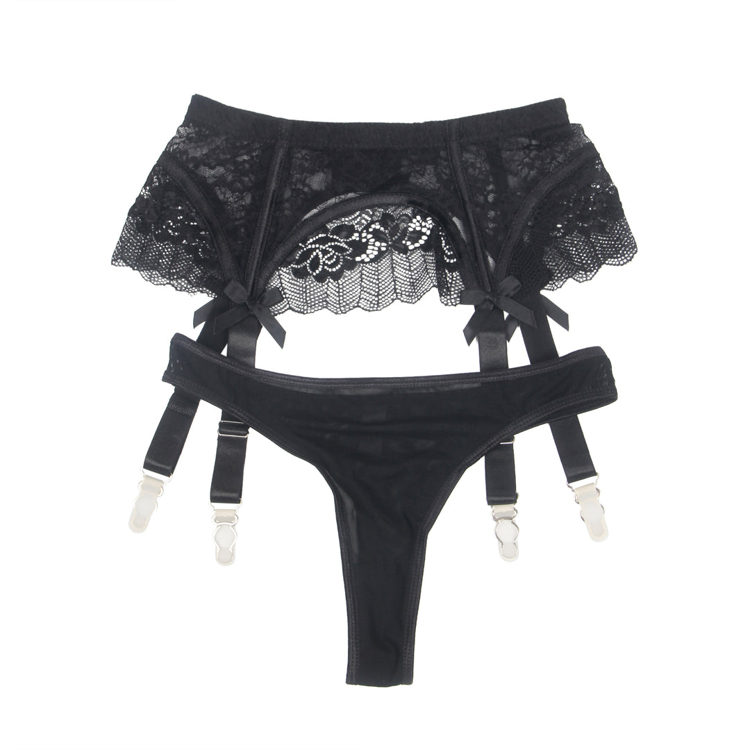 Sexy Schwarze Spitzen-Garter-Panty mit Schleife & Metall-Clips, 88% Nylon, 12% Spandex