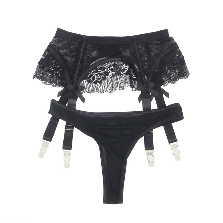 Sexy Schwarze Spitzen-Garter-Panty mit Schleife & Metall-Clips, 88% Nylon, 12% Spandex