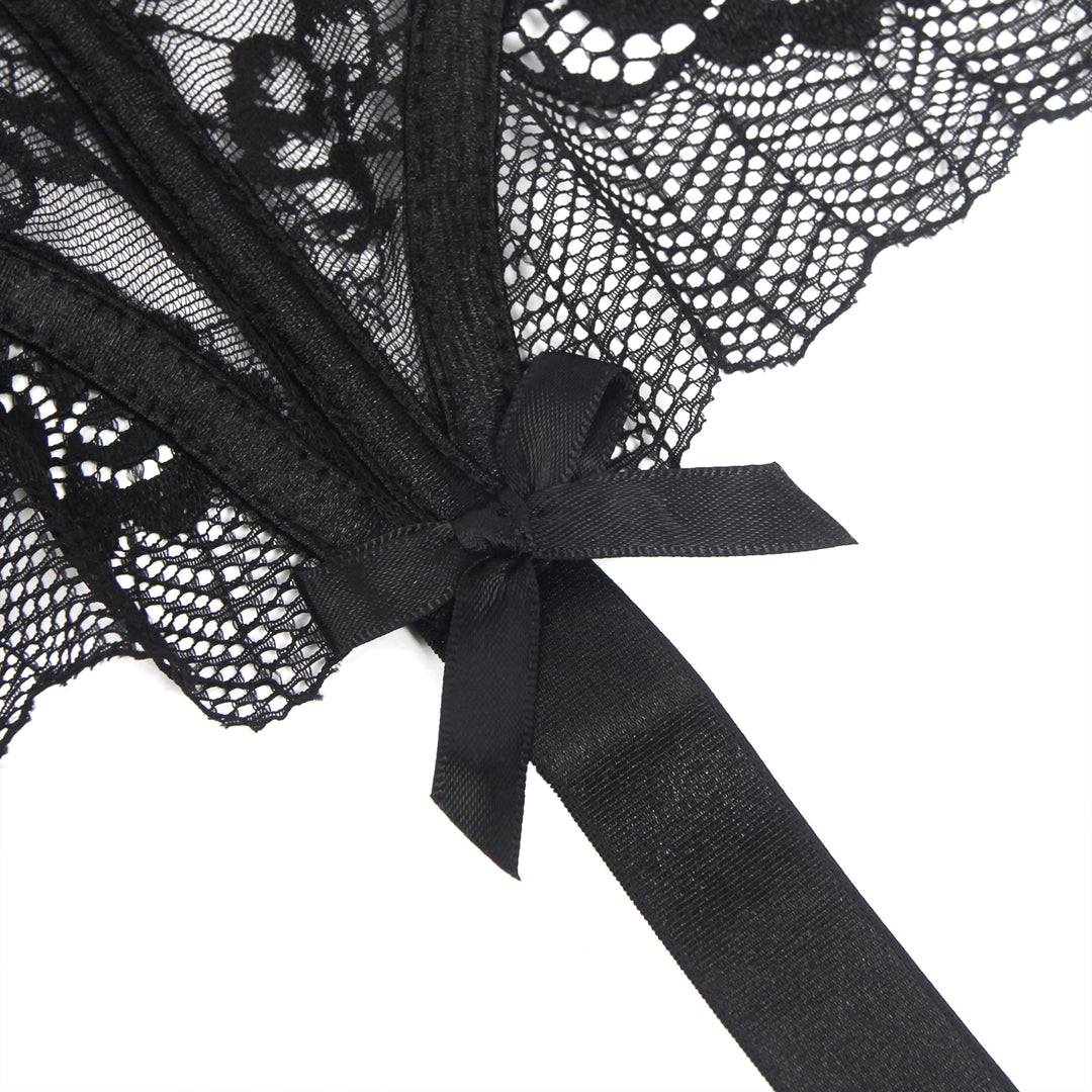 Sexy Schwarze Spitzen-Garter-Panty mit Schleife & Metall-Clips, 88% Nylon, 12% Spandex