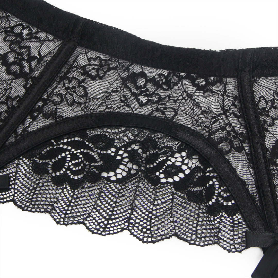 Sexy Schwarze Spitzen-Garter-Panty mit Schleife & Metall-Clips, 88% Nylon, 12% Spandex