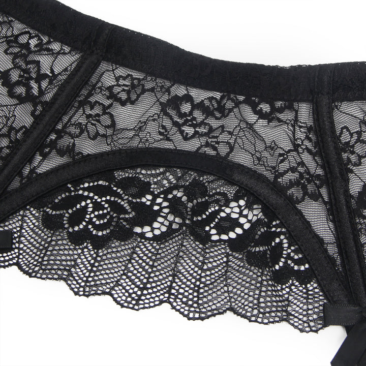 Sexy Schwarze Spitzen-Garter-Panty mit Schleife & Metall-Clips, 88% Nylon, 12% Spandex