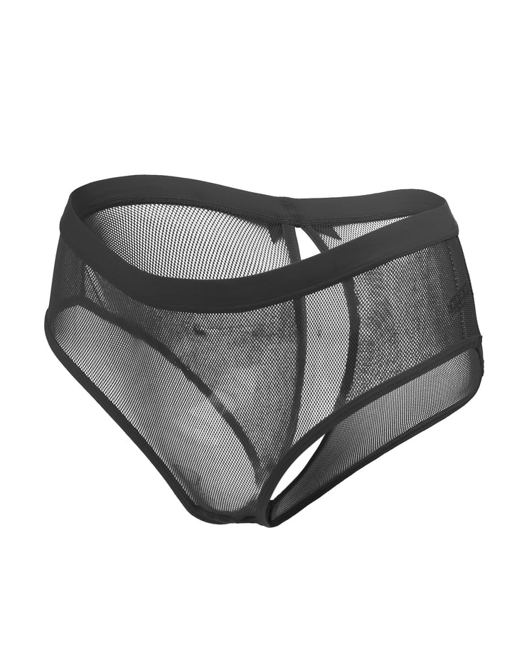 Sexy Schwarze Mesh Panty mit offenem Rücken, 88% Polyamid, 12% Elastan, transparent
