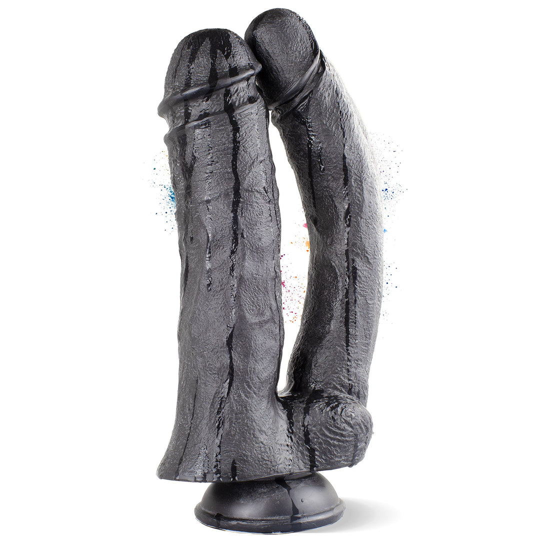 Marielove Doppeldildo 33cm Schwarz mit Saugnapf-Basis – zwei Schäfte Ø 5,5 & 6,5 cm