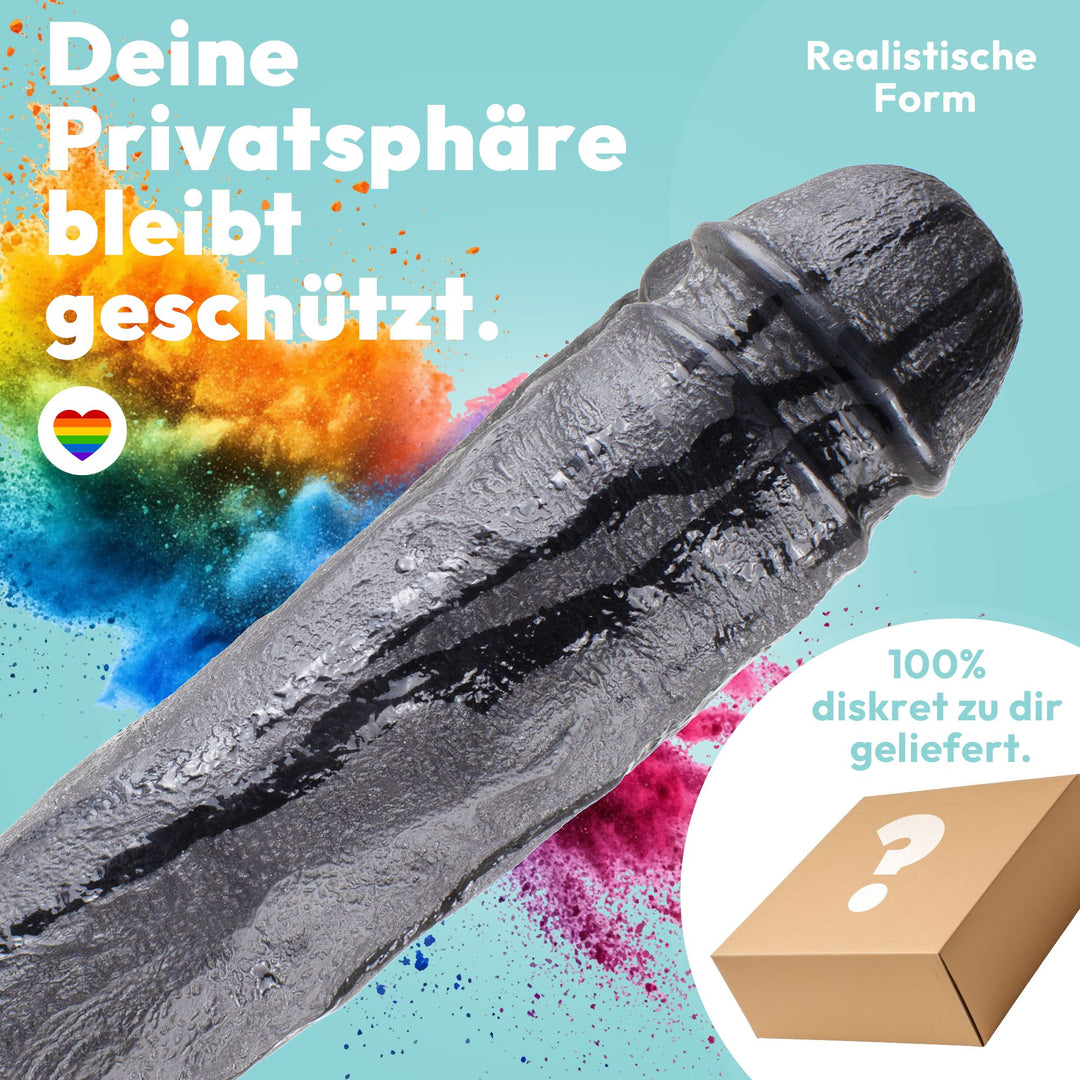Marielove Doppeldildo 33cm Schwarz mit Saugnapf-Basis – zwei Schäfte Ø 5,5 & 6,5 cm