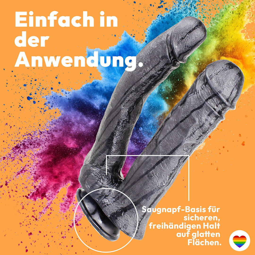 Marielove Doppeldildo 33cm Schwarz mit Saugnapf-Basis – zwei Schäfte Ø 5,5 & 6,5 cm