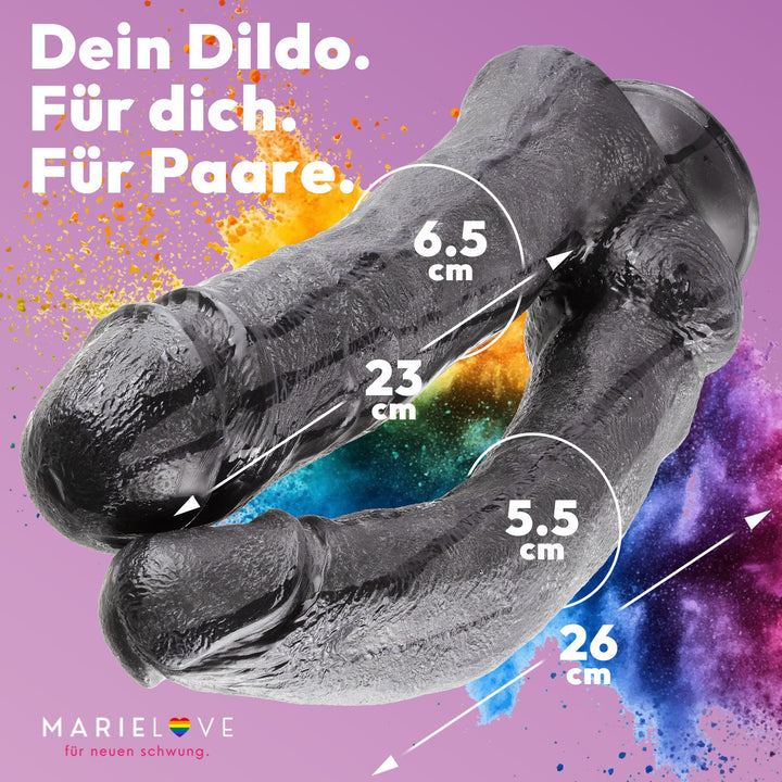 Marielove Doppeldildo 33cm Schwarz mit Saugnapf-Basis – zwei Schäfte Ø 5,5 & 6,5 cm
