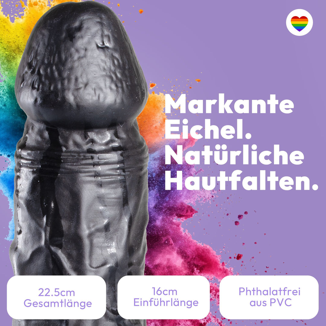 Marielove Realistischer Dildo mit Hodensack und Saugnapf-Basis, 22,5 cm, Schwarz