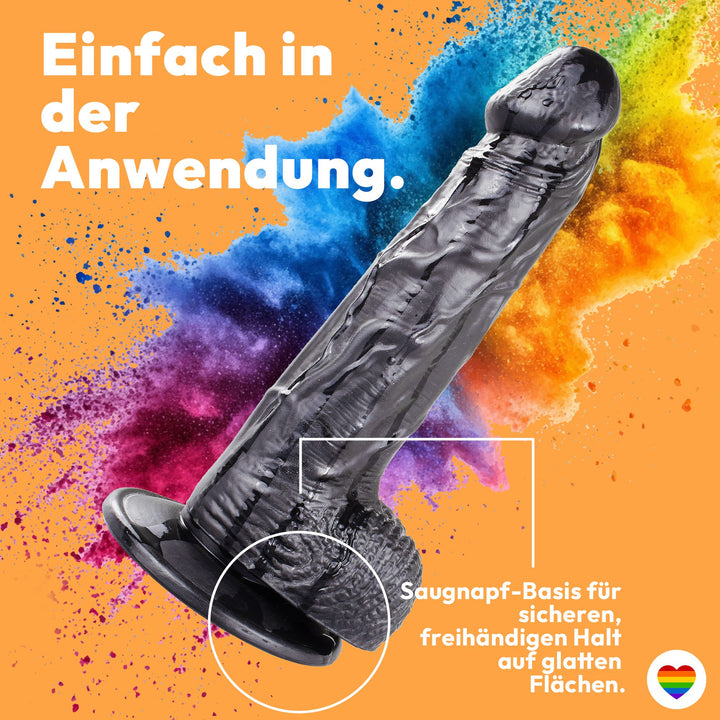 Marielove Realistischer Dildo mit Hodensack und Saugnapf-Basis, 22,5 cm, Schwarz