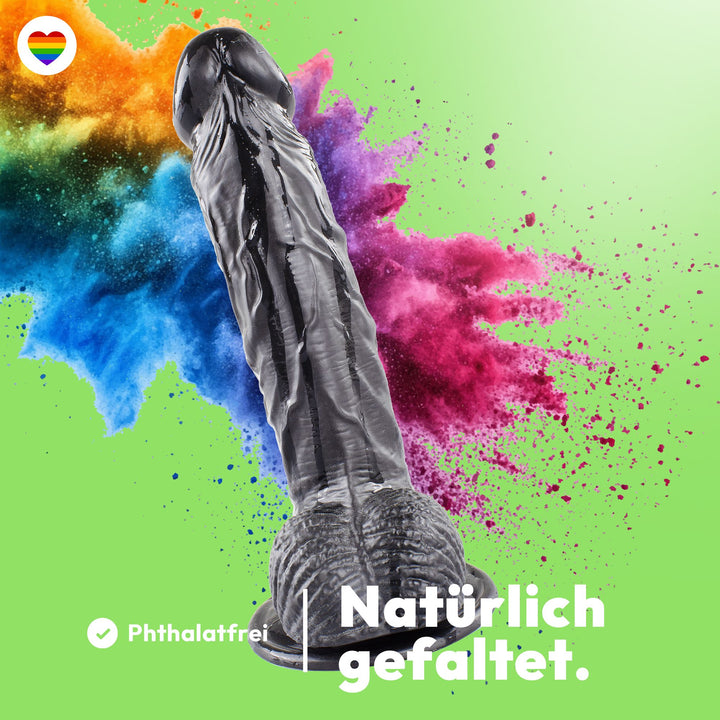 Marielove Realistischer Dildo mit Hodensack und Saugnapf-Basis, 22,5 cm, Schwarz